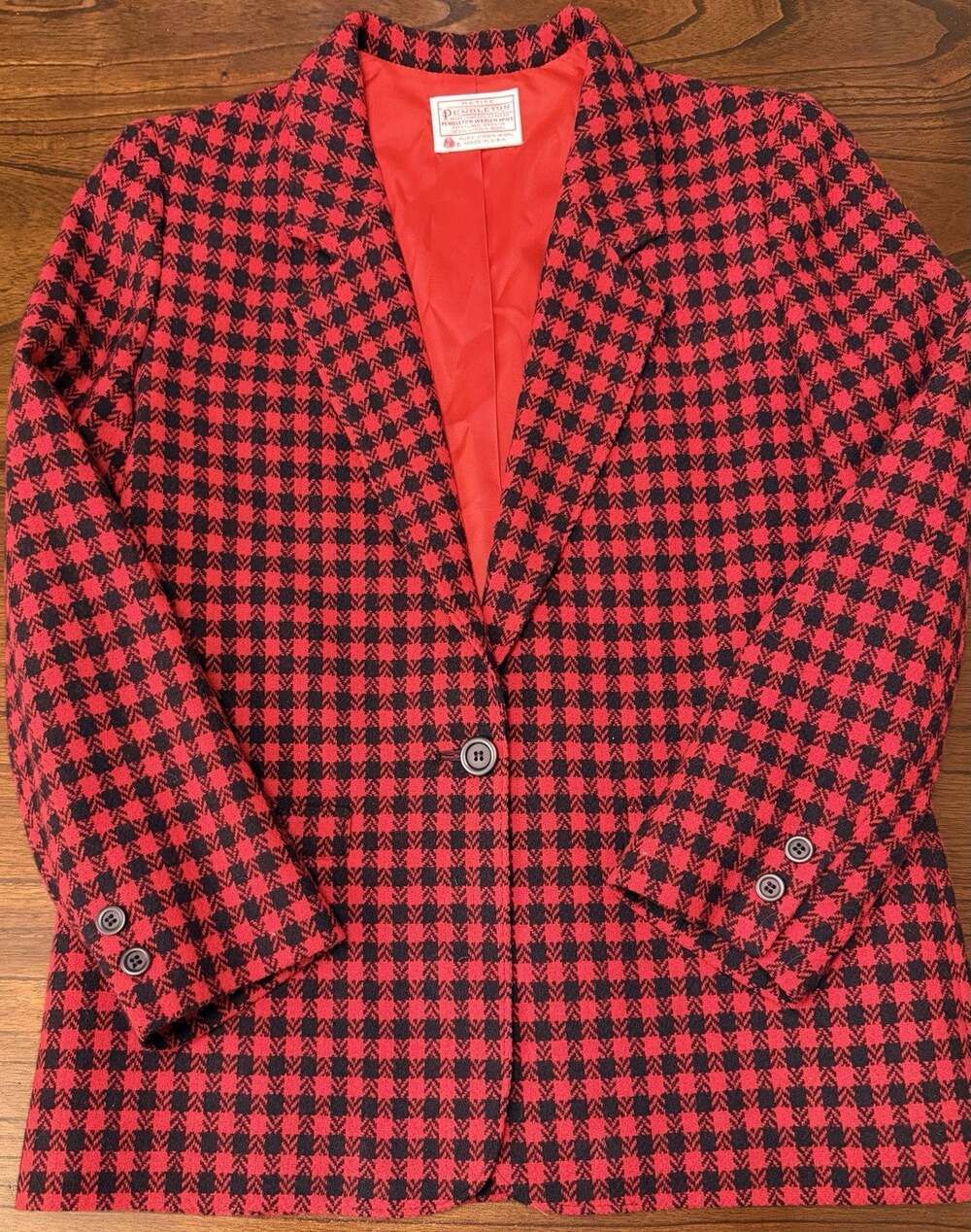 Pendleton Jacket Womens Size 8 Red Black Houndstooth Wool Jacket Blazer Lined